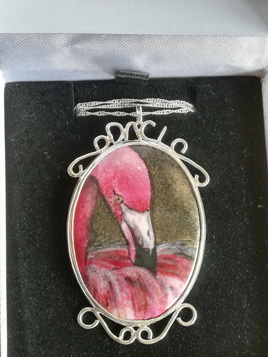 pendentif flamand rose émail peint et monture en argent 925/1000